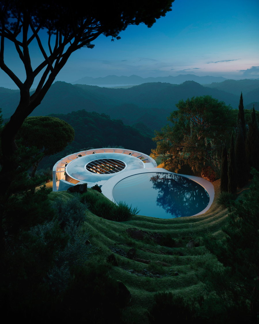 A sleek circular pool adorns the uppermost ring of the conceptual Henge Hill home.