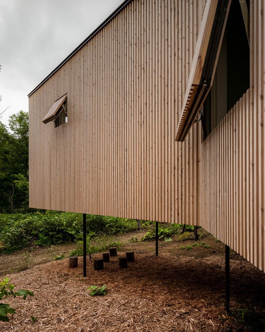 Close-up view of the House in the mist's textured timber exterior.