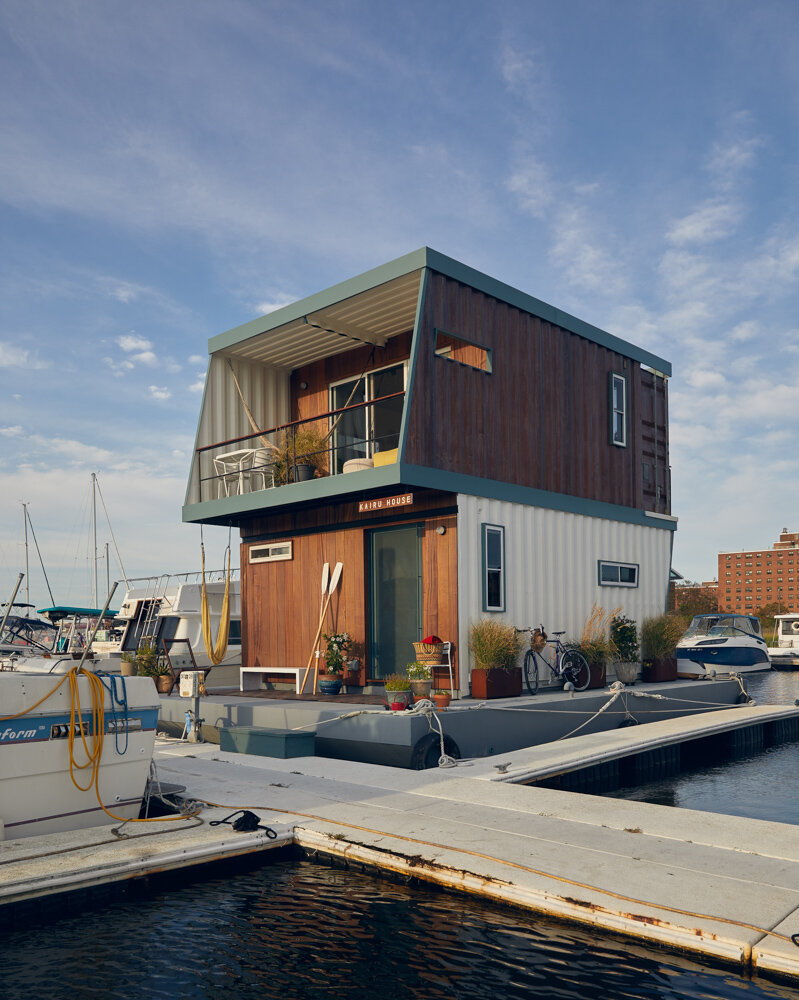NYC's floating Kairu House was made out of reclaimed shipping containers. Designed by couple Adam Wiesehan and Margaret Day.