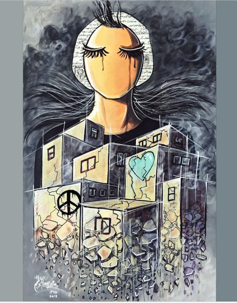 Piece by street artist Shamsia Hassani depicts a Ukrainian woman rising from the rubble.