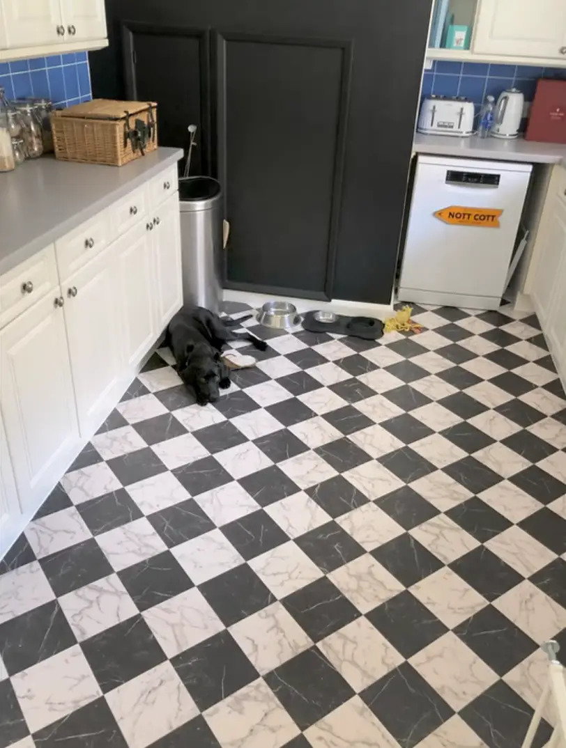 Harry and Meghan's black lab lays on the floor of Nottingham Cottage's modest kitchen space.