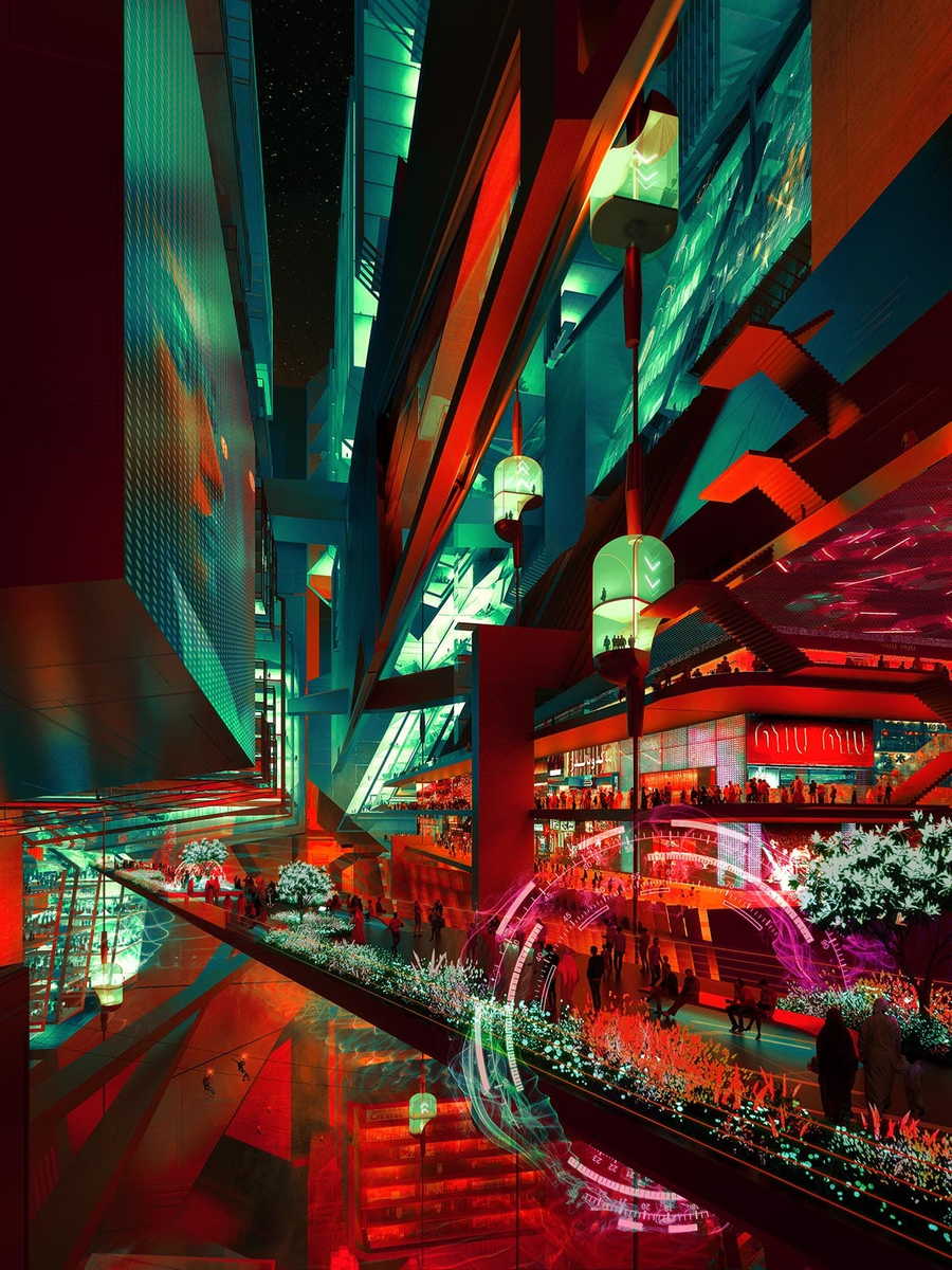 Futuristic red lighting illuminates the Line at night. 