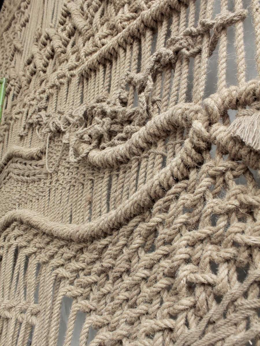 Close-up of Agnes Hansella's intricate macrame wall hangings for Locca Beach House Bali.