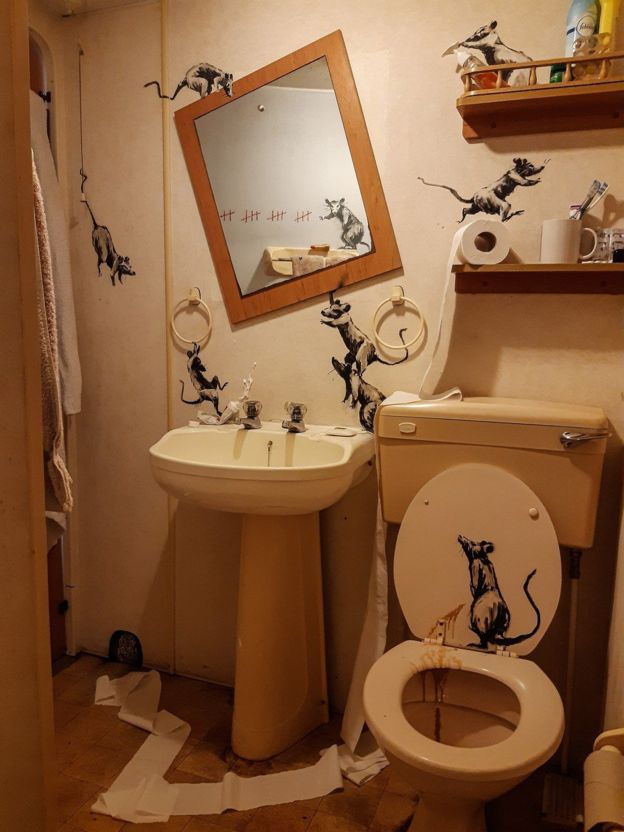 Banksy brought a clan of mischievous mice to life in his own bathroom using his art.