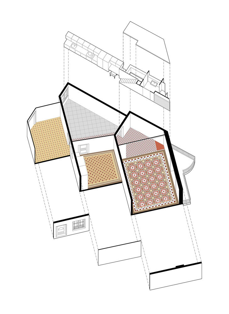 Aerial renderings illustrate the way the central cabinet slots into the apartment peculiar diagonal layout. 