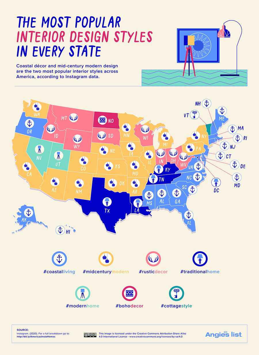 A map outlining the most popular design style in every state, as compiled by Angie's List. 