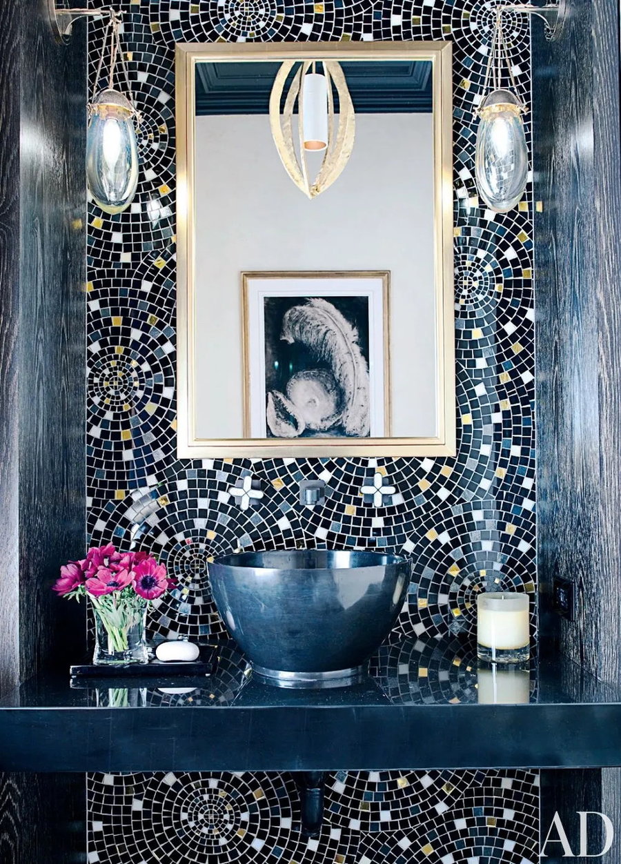 Gorgeous dark blue bathroom mosaic by designer Jamie Drake and Cheryl Hazan Mosaic.