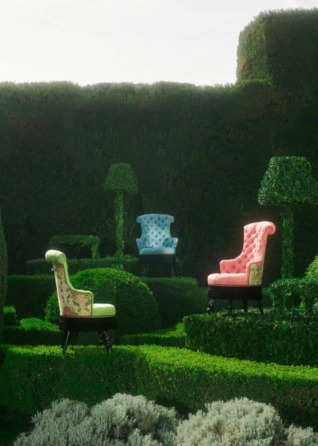  Floral Jacquard Armchairs from the new Gucci Décor collection in an English garden.