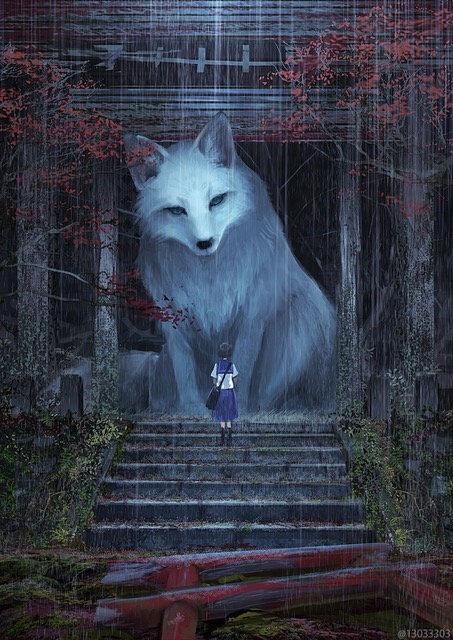 A digital painting by Monokubo depicting a normal-sized person standing in front of a giant white wolf.