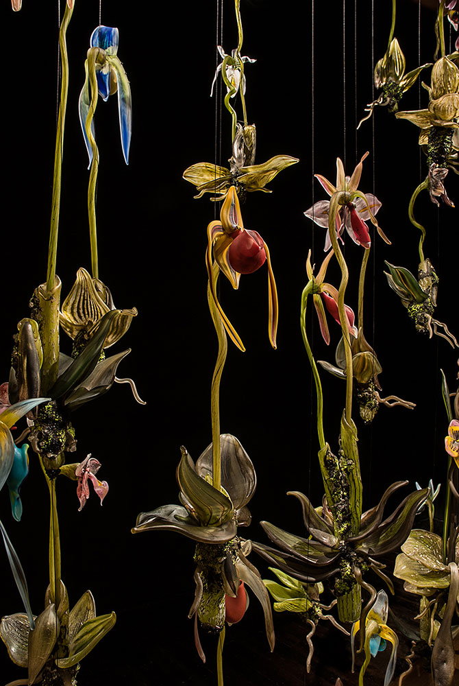 Ultra-lifelike pieces from one of Debra Moore's blown-glass orchid installations.