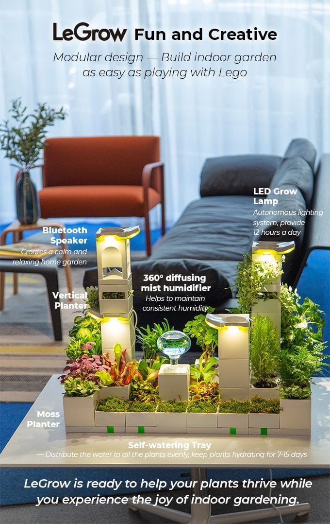 Promotional crowdfunding images explain how the LeGrow modular desktop garden works.