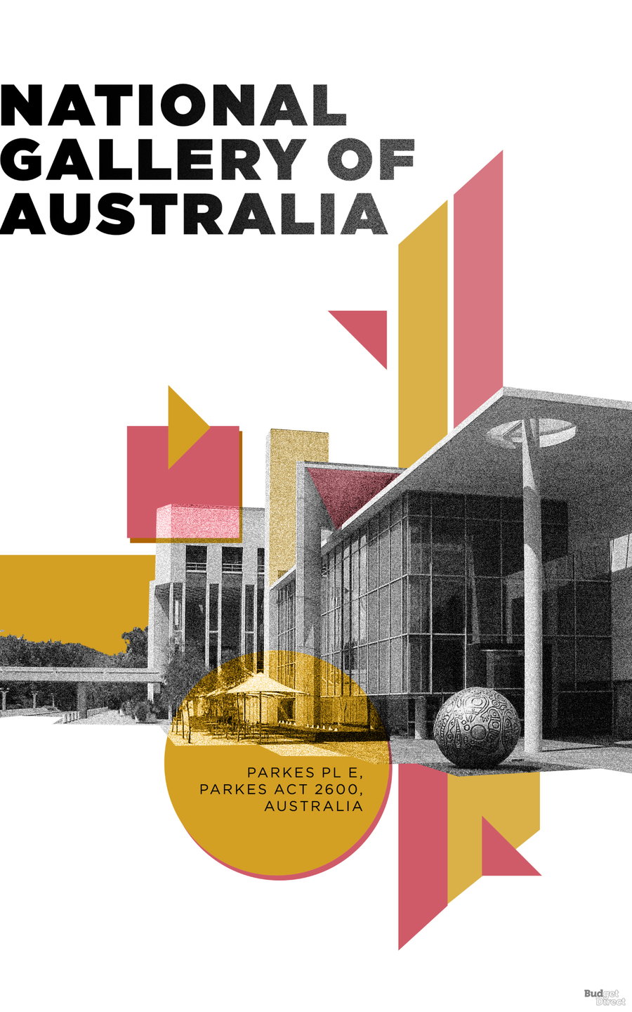 Graphic National Gallery of Australia poster by Budget Direct Ravel Insurance, made specially for their tribute to Australian Brutalism. 