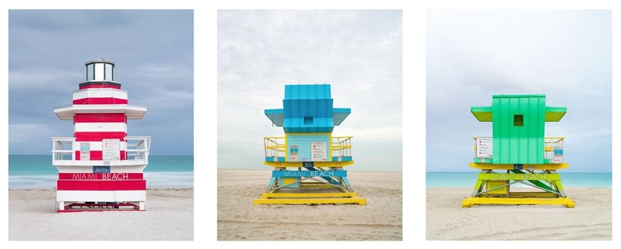 Three colorful Miami Beach lifeguard towers photographed by Tommy Kwak an featured in his book 