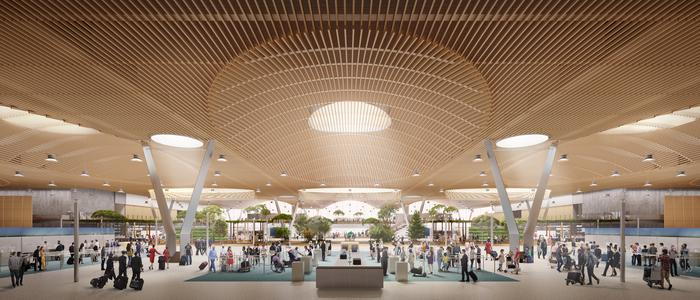 When complete, the Portland International Airport's sustainably-built main terminal with feature lots of timber, greenery, and natural light. 