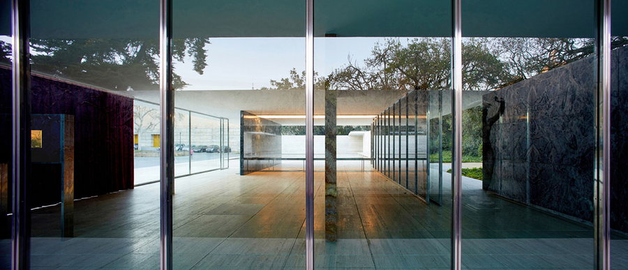 Inside the timeless Barcelona Pavilion, designed by Lilly Reich in collaboration with Ludwig Mies van der Rohe.  