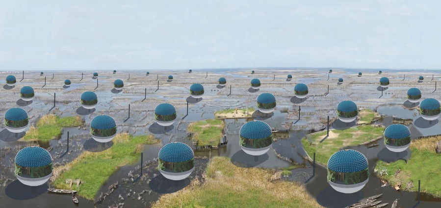 Pufferf Village pods spread evenly across a marsh area.