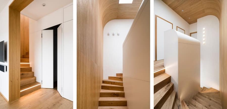 Three images of a staircase in Maisonette 69 Prague apartment