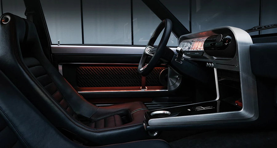 Sleek modern driver seat and dash inside Hyundai's Heritage Series Pony Coupe EV