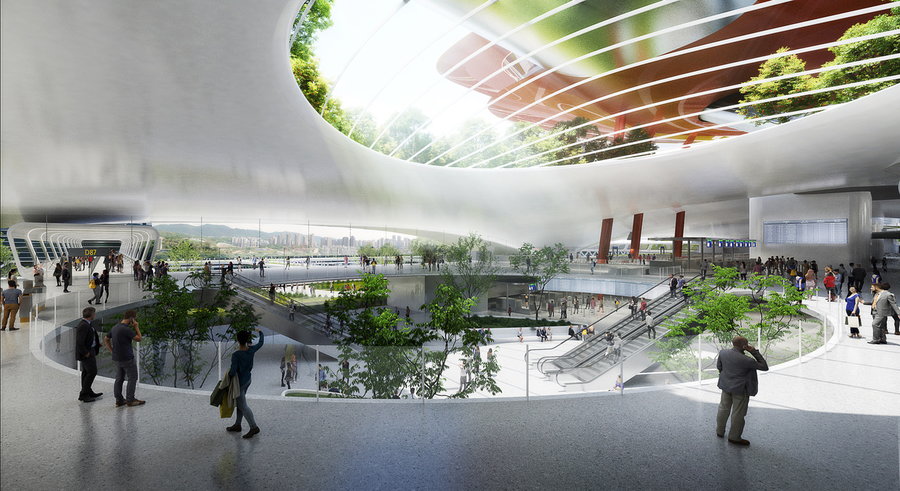 Public courtyard filled with greenery inside the MAD Architects-designed Yangtze River Skywalk.