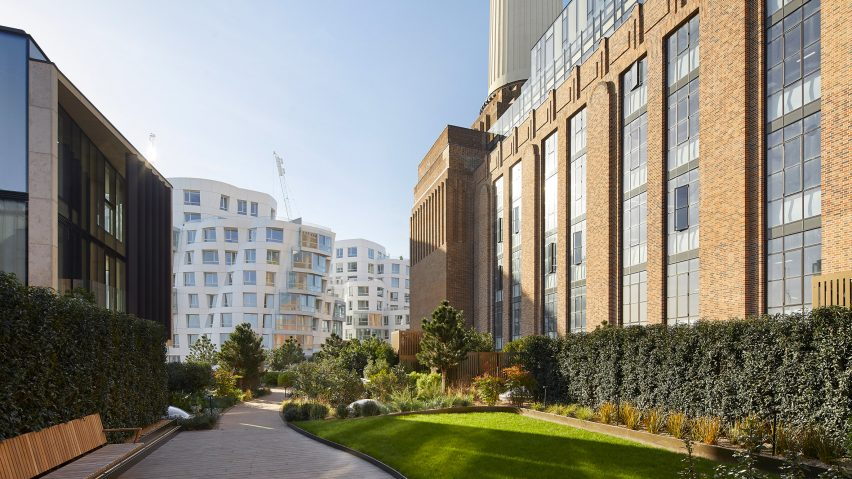 Exterior view of Prospect Place's curving facade next to the iconic Battersea Power Station.