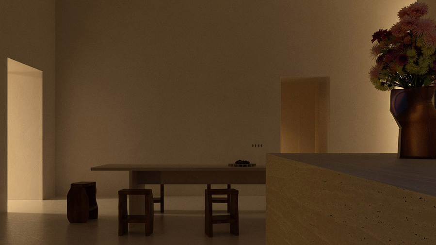 Computer-generated image of Maison's bare-bones dining area.