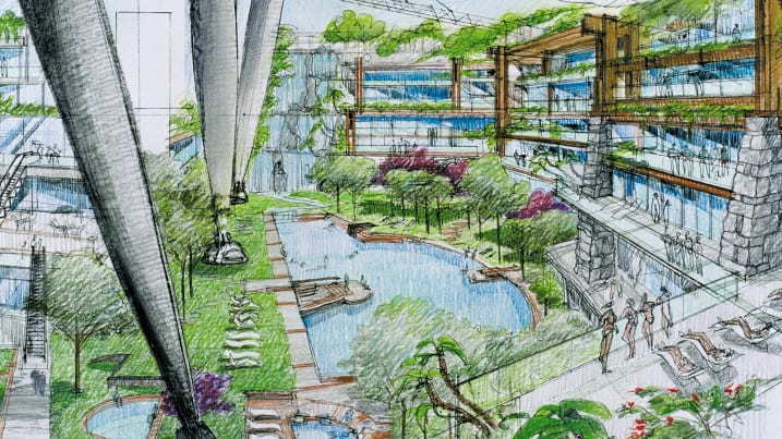 Early sketches of a lush central park space inside Dubai's futuristic Moon World Resorts.