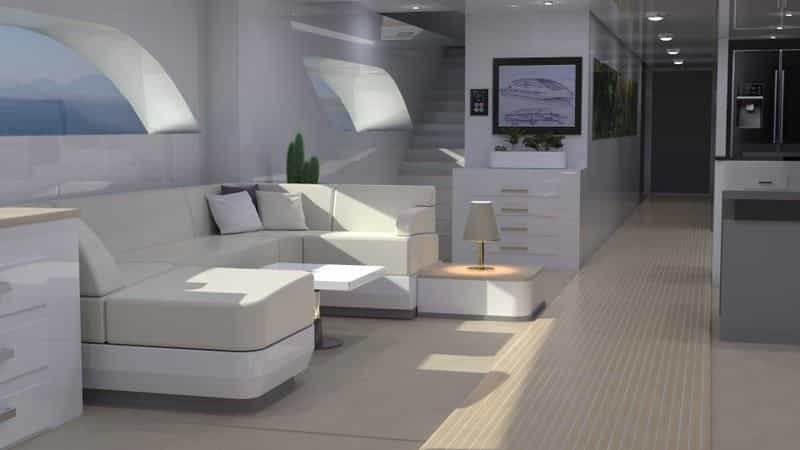 The sleek, luxurious interiors of the lavish Xenos Hyperyacht concept. 