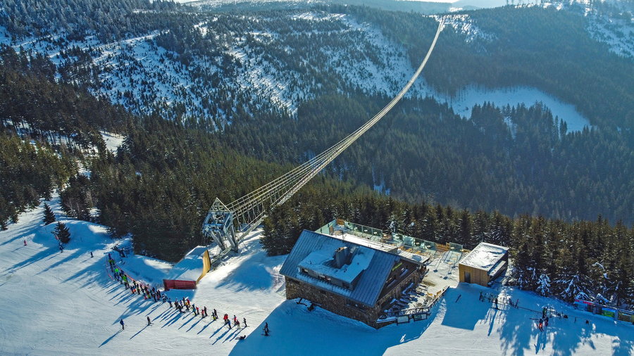 Aerial view of the new Sky Bridge 721 in its snowy ski resort setting.