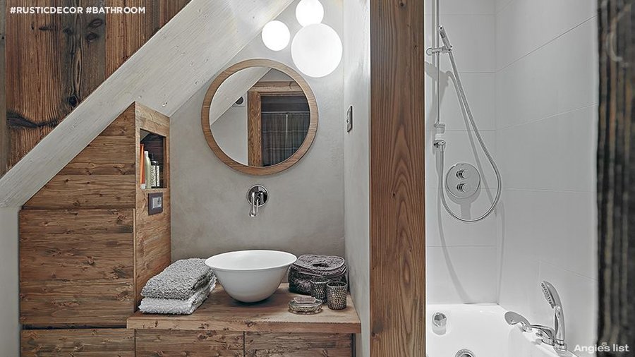 This bathroom makes ample use of rustic decor elements. 