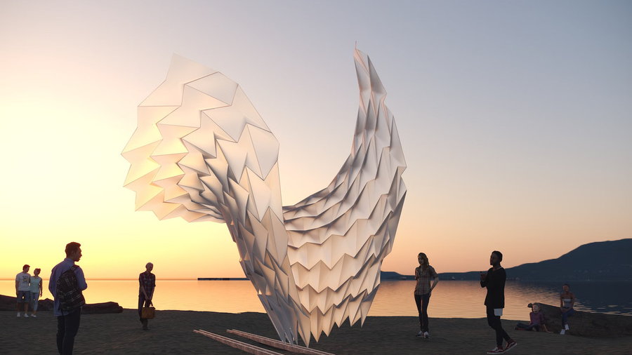 Shapeshifting “When Air Takes Shape” origami sculpture in Vancouver, Canada.