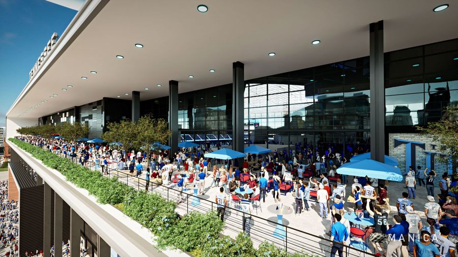 Stadium-goers mingle on the outer terraces of the new Tennessee Titans stadium.