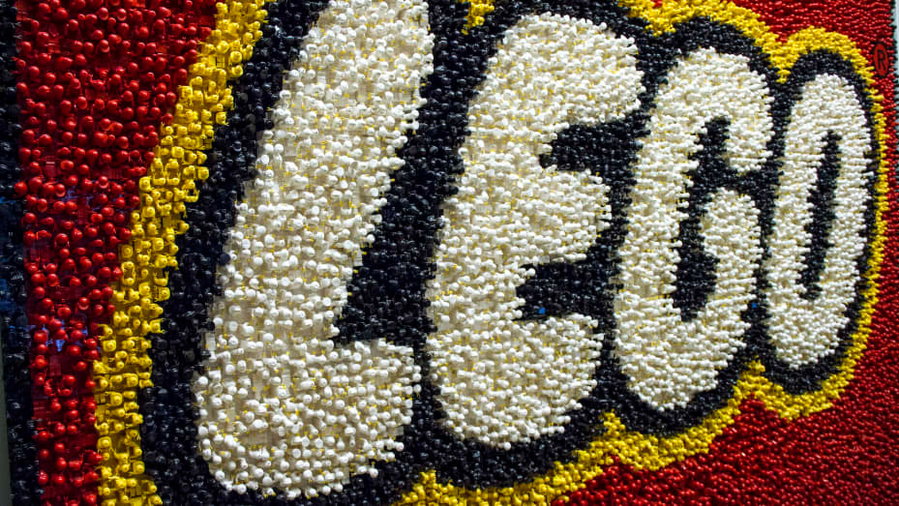 Close-up view of a giant LEGO logo made from the toy bricks.