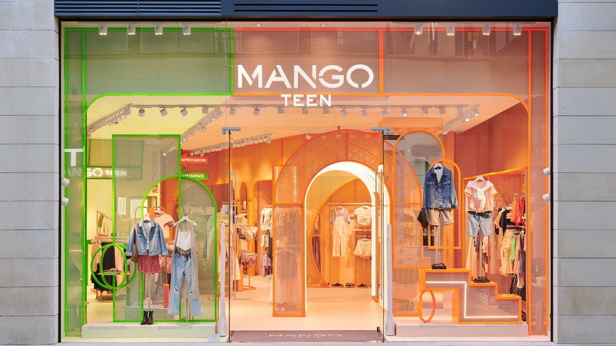 Colorful facade of the Masquespacio-designed Mango Teen store in Barcelona, Spain.