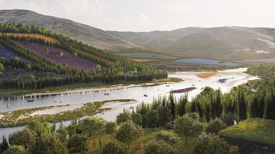 Beautiful flowing river runs in between the green-roofed homes inside MVRDV's Gagarin Valley.