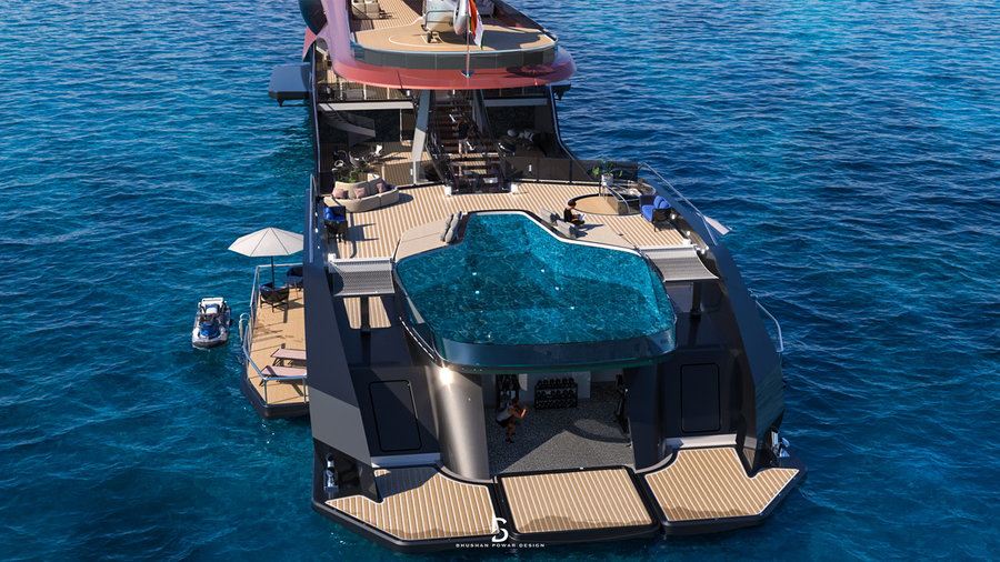 Large glass bottom infinity pool featured in the over-the-top Zion superyacht concept. 