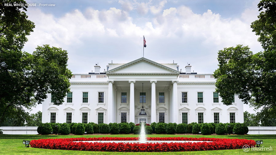 Front view of the actual White House, based on a design by Irish architect James Hoban. 