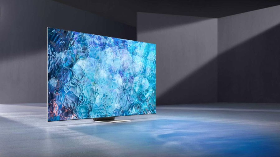 Samsung's Neo QD OLED TV displays a brilliant blue pattern. 