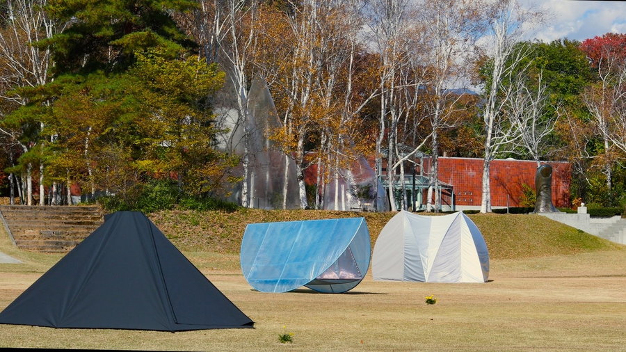 Creative architect-designed tents on display for Hokuto Art Program ed.1 in Japan's Kiyoharu Art Colony.