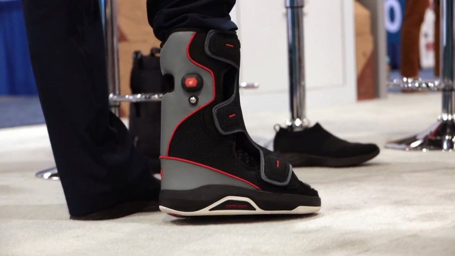 Rear view of the Foot Defender Boot, designed to prevent amputations in diabetic patients.
