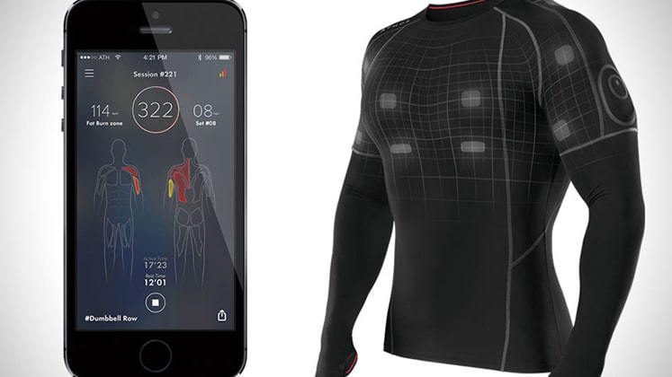 A smartphone keeps track of a shirt wearer's vital signs using embedded tech in the fabric. 