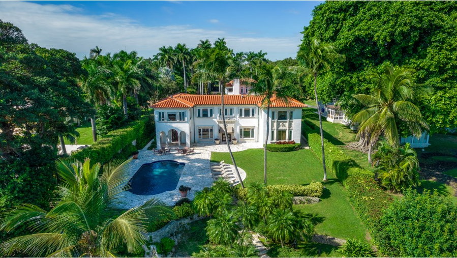 Exterior view of German shepherd Gunther VI's lavish Maimi Beach house (formerly Madonna's), currently on the market for $32 million.