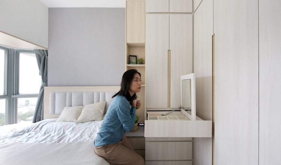 Much like the common areas of the Zendo apartment, the unit's master bedroom is also chock-full of hidden storage and smart tech.