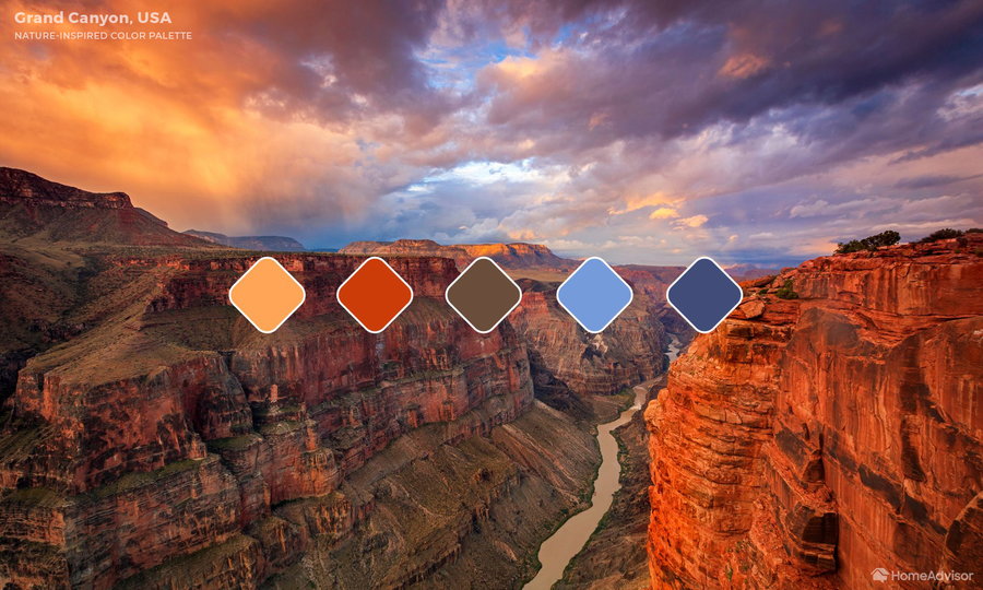 This Grand Canyon-inspired color palette plays off the burnt oranges, browns, and blues of the American Southwest. 