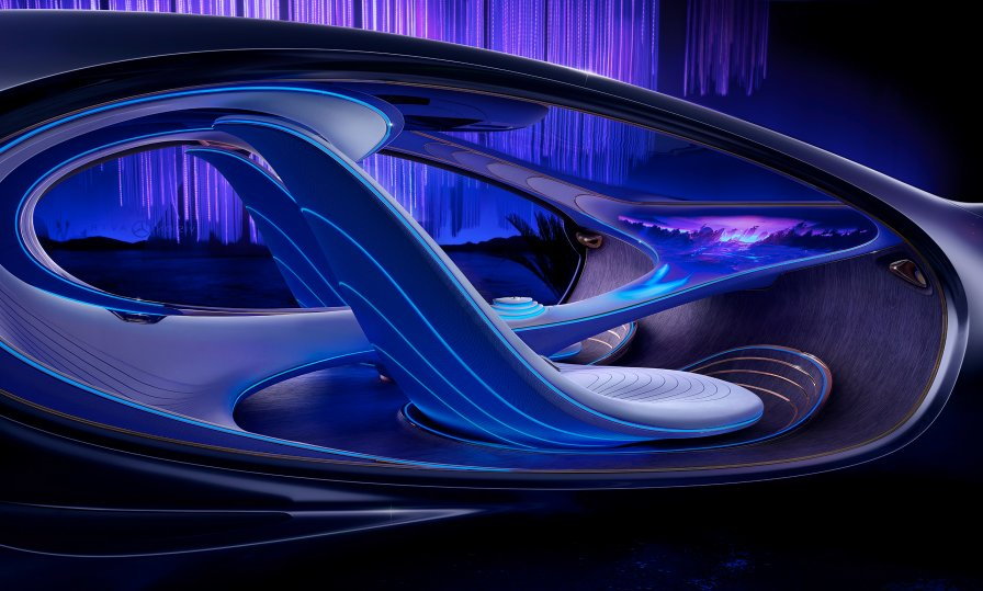 Sleek interior cabin of the Mercedes Benz VISION AVTR concept car glows a futuristic blue.