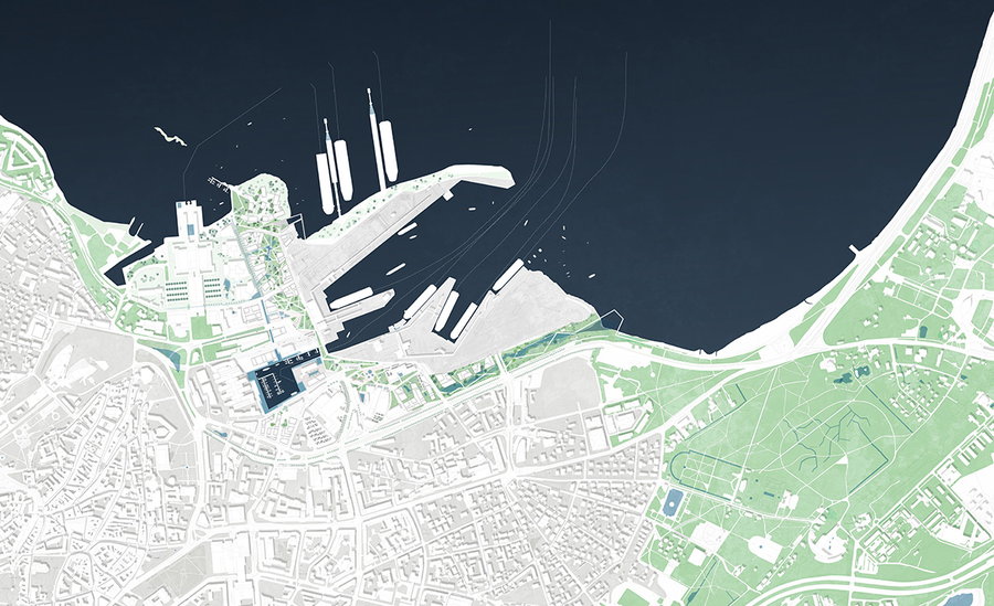 Aerial layout for Zaha Hadid Architects' 2030 Masterplan for the revitalized Tallinn port.
