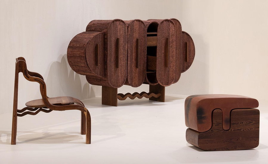 Fendi and Mabeo Studio's collaborative wooden Kompa Collection furniture on display at Art Basel Miami Beach 2021.