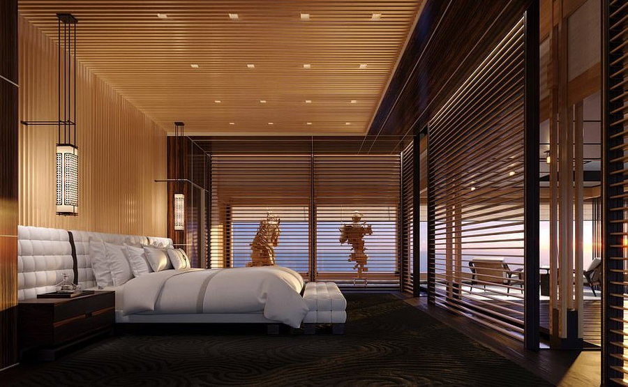 A luxurious bedroom inside the Aqua superyacht. 