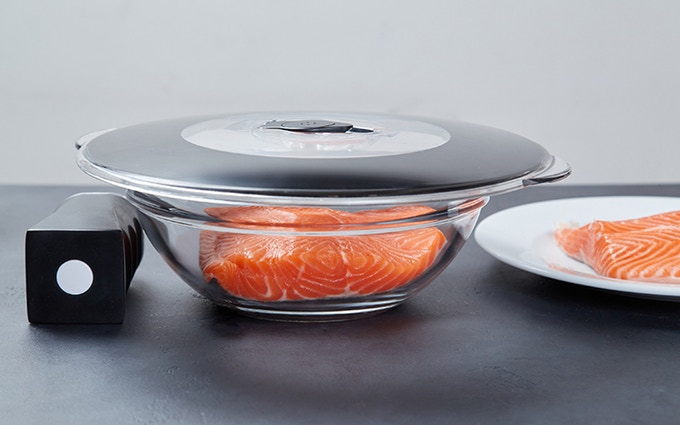 An Equilibric! vacuum lid and pump make quick work of storing fresh salmon.