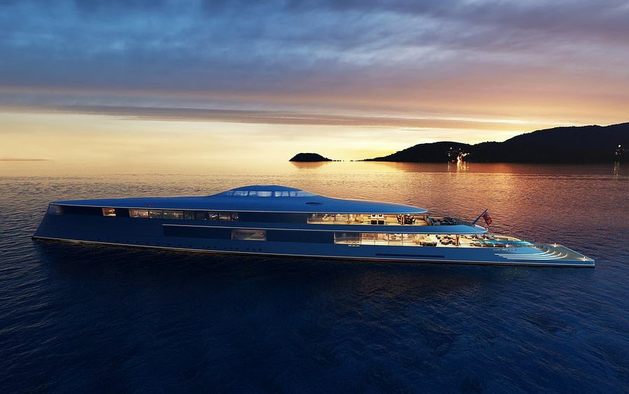 The Aqua sustainable superyacht at sunset. 