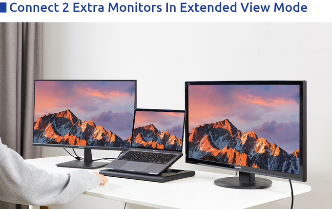 Use the TopWork All-in-One Workstation to connect your laptop to two external monitors for maximum screen space.